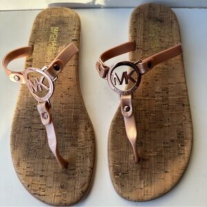 Michael Kors MK Plate Thong Sandals Rose Gold Jelly Cork Print Flip Flop Sz: 8